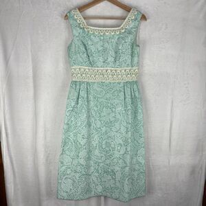 Vintage 60’s Lee Stevens Green Floral Dress Sleeveless Lace Accent Size 10